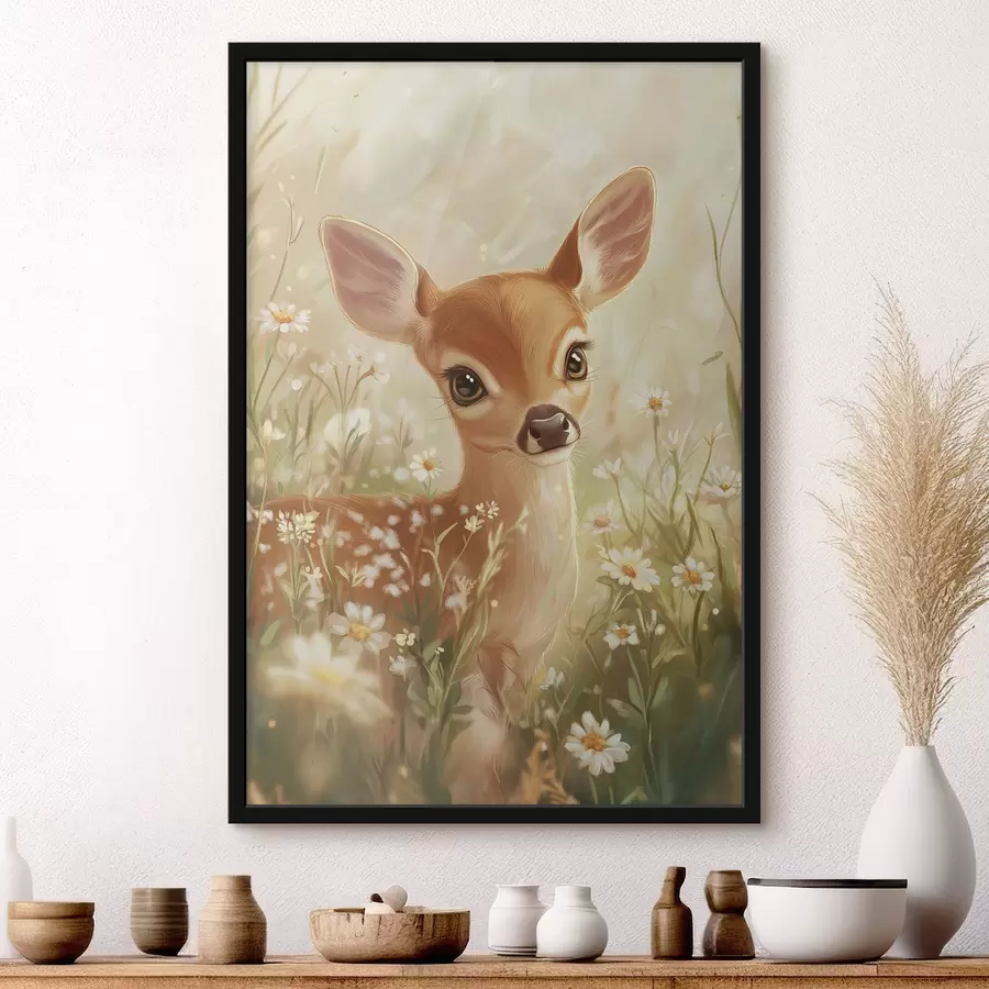 Fototapete Niedliches Reh auf der Wiese mit Gänseblümchen, Zeichnung in Öl f42780