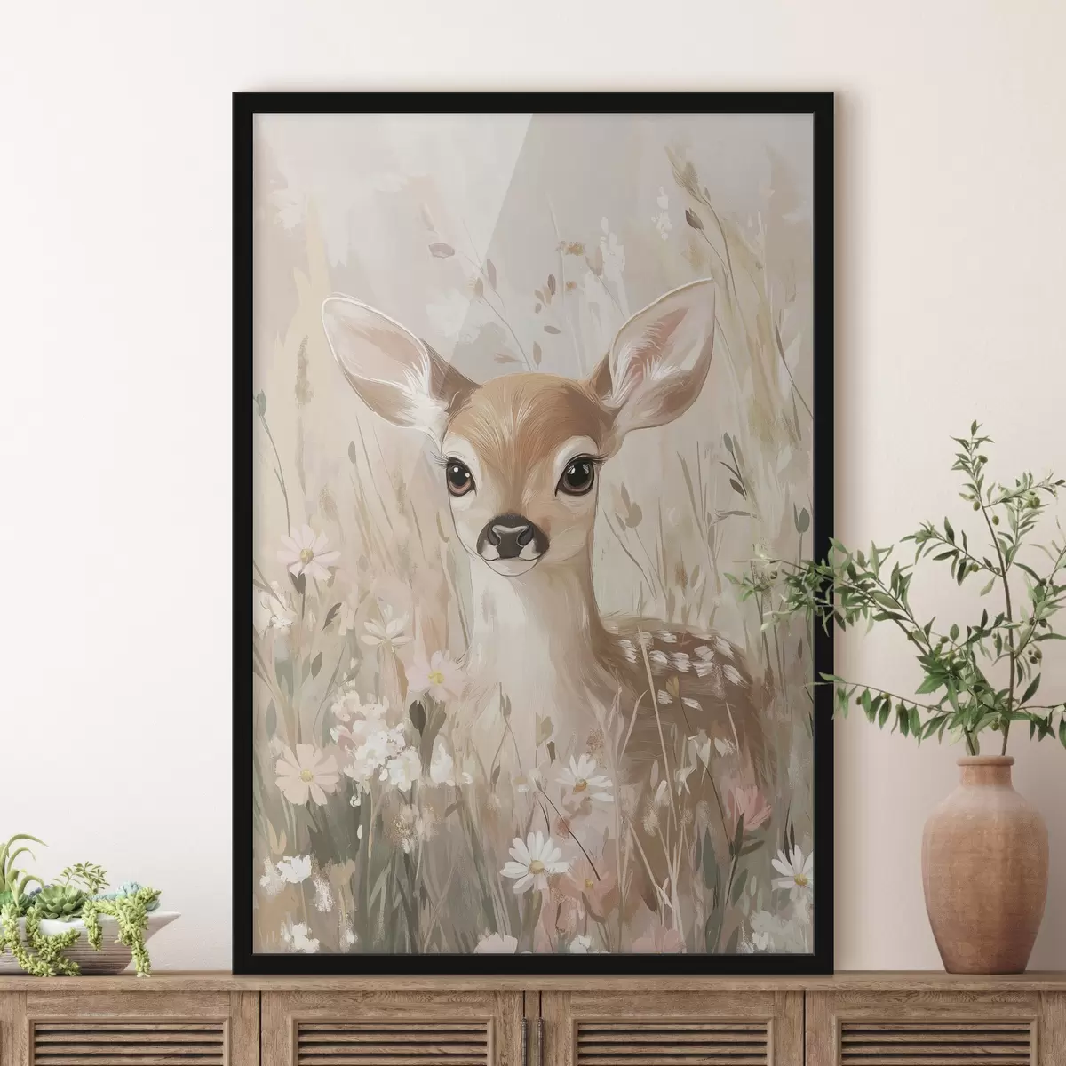 Poster Kleines Reh auf der Sommerwiese, Acryl-Stil drawimg, Pastell rosa und beige Farben f42781