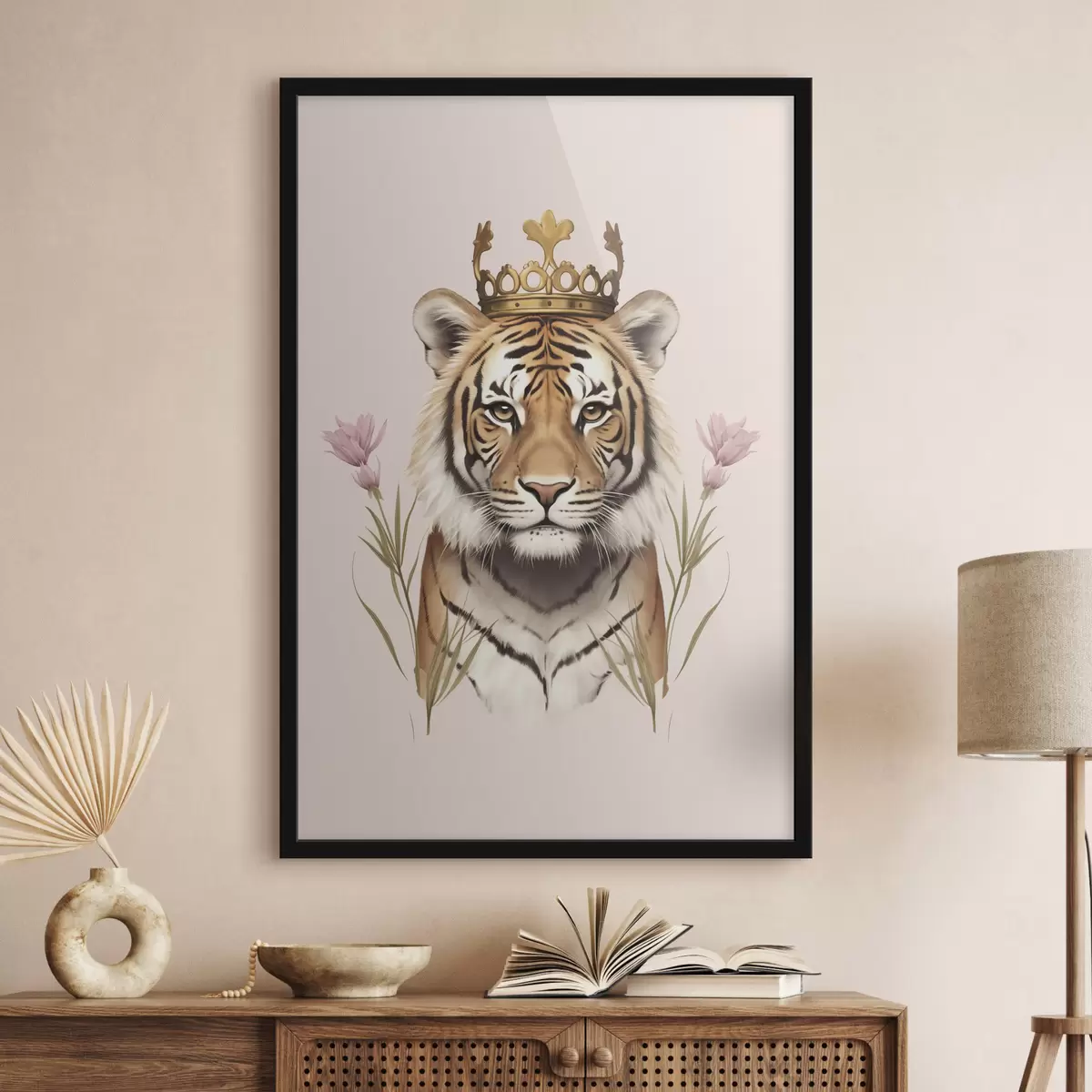 Poster Tiger mit Krone, rosa Hintergrund, Tulpenblüten f42782