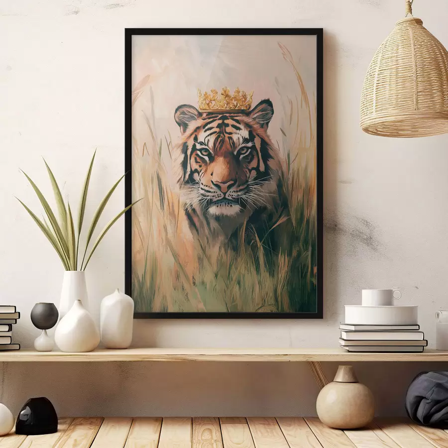 Fototapete Tiger auf einer Wiese mit Gras, Krone, Acrylzeichnung f42783