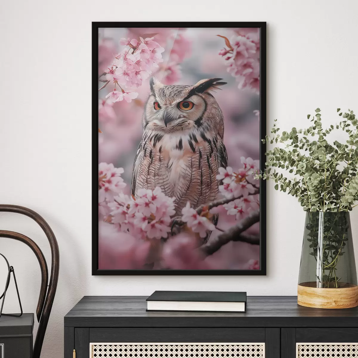 Poster Schöne Eule auf dem Zweig eines Kirschbaums, Natur, Realismus f42784