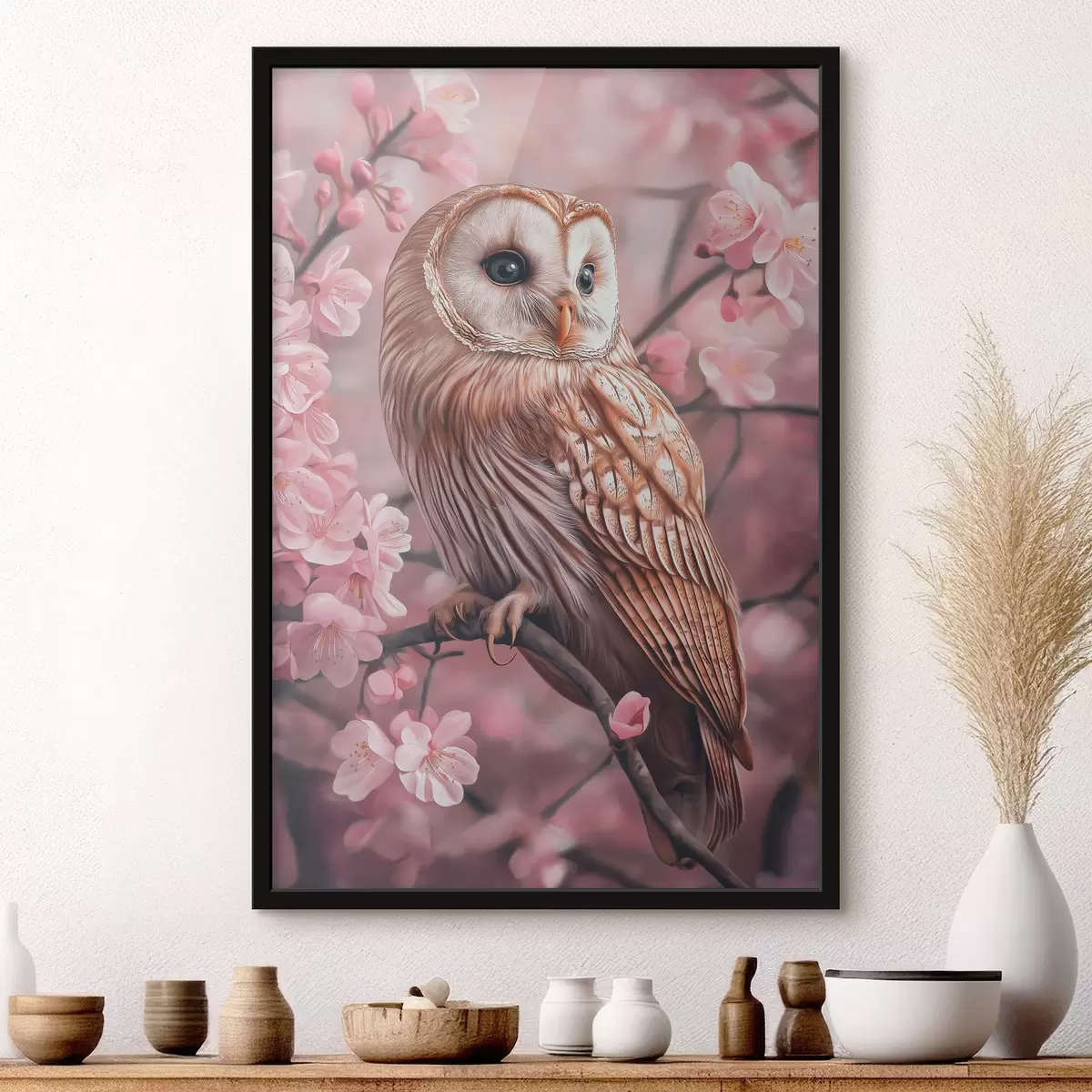 Poster Eule auf dem Kirschbaum, rosa Blumen, Realismus, Natur f42785