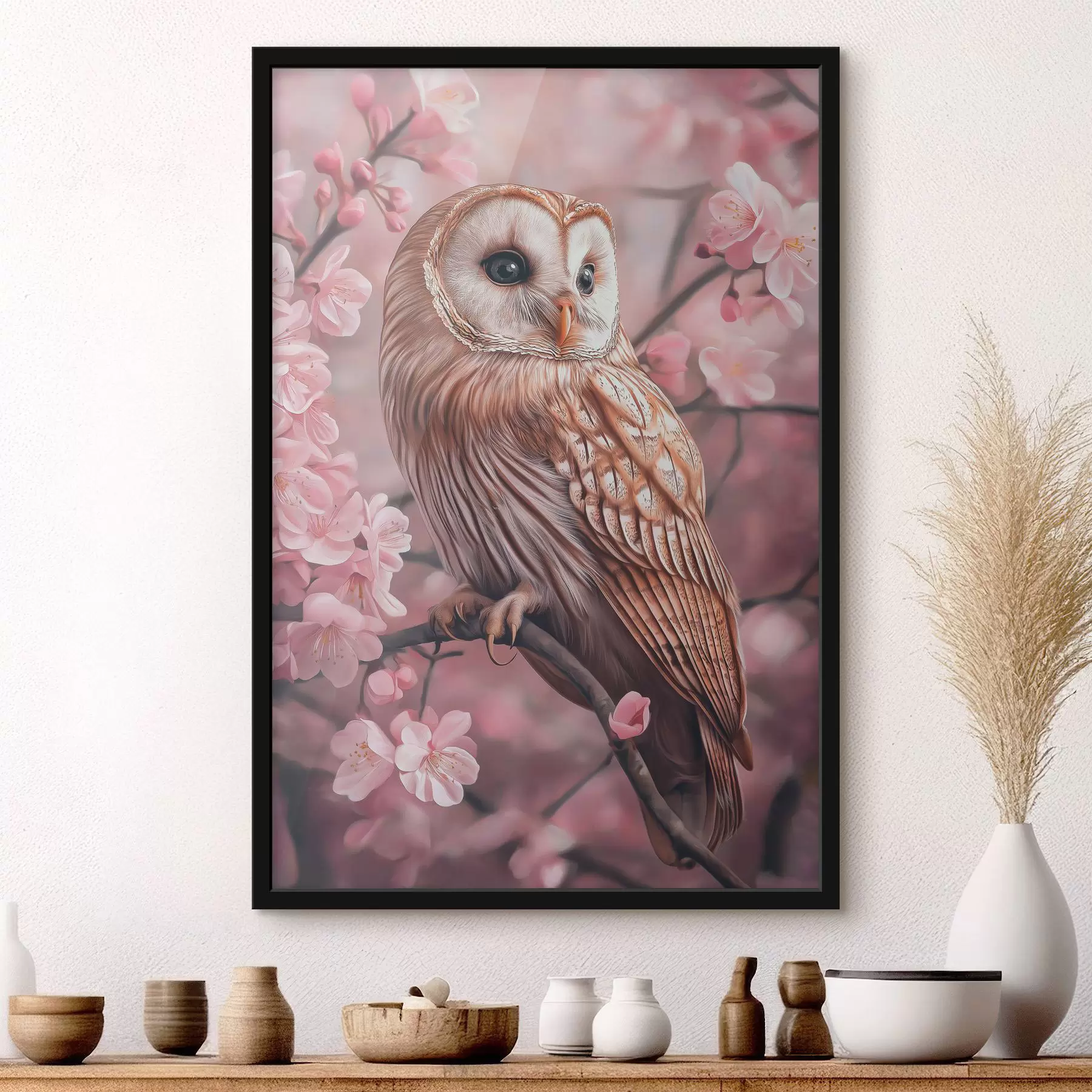 Fototapete Eule auf dem Kirschbaum, rosa Blumen, Realismus, Natur f42785