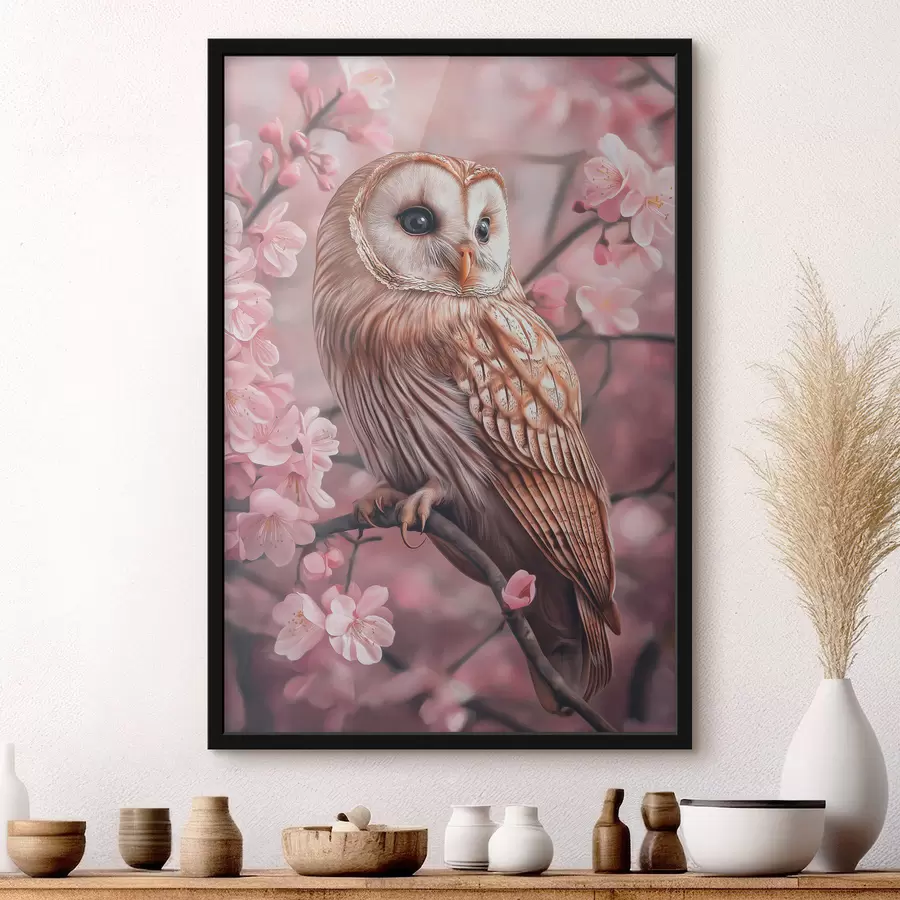 Fototapete Eule auf dem Kirschbaum, rosa Blumen, Realismus, Natur f42785