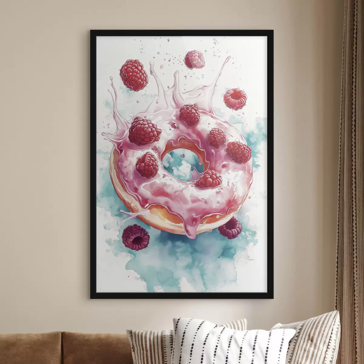 Poster Aquarell-Donut mit Himbeeren, rosa und blauen Farben f42787