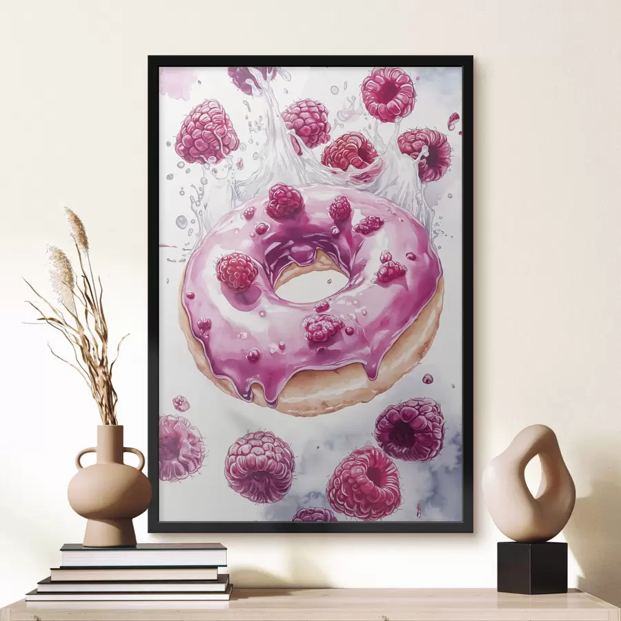 Fototapete Donut mit Himbeeren mit rosa Glasur, leckeres Dessert, Aquarell-Stil f42789