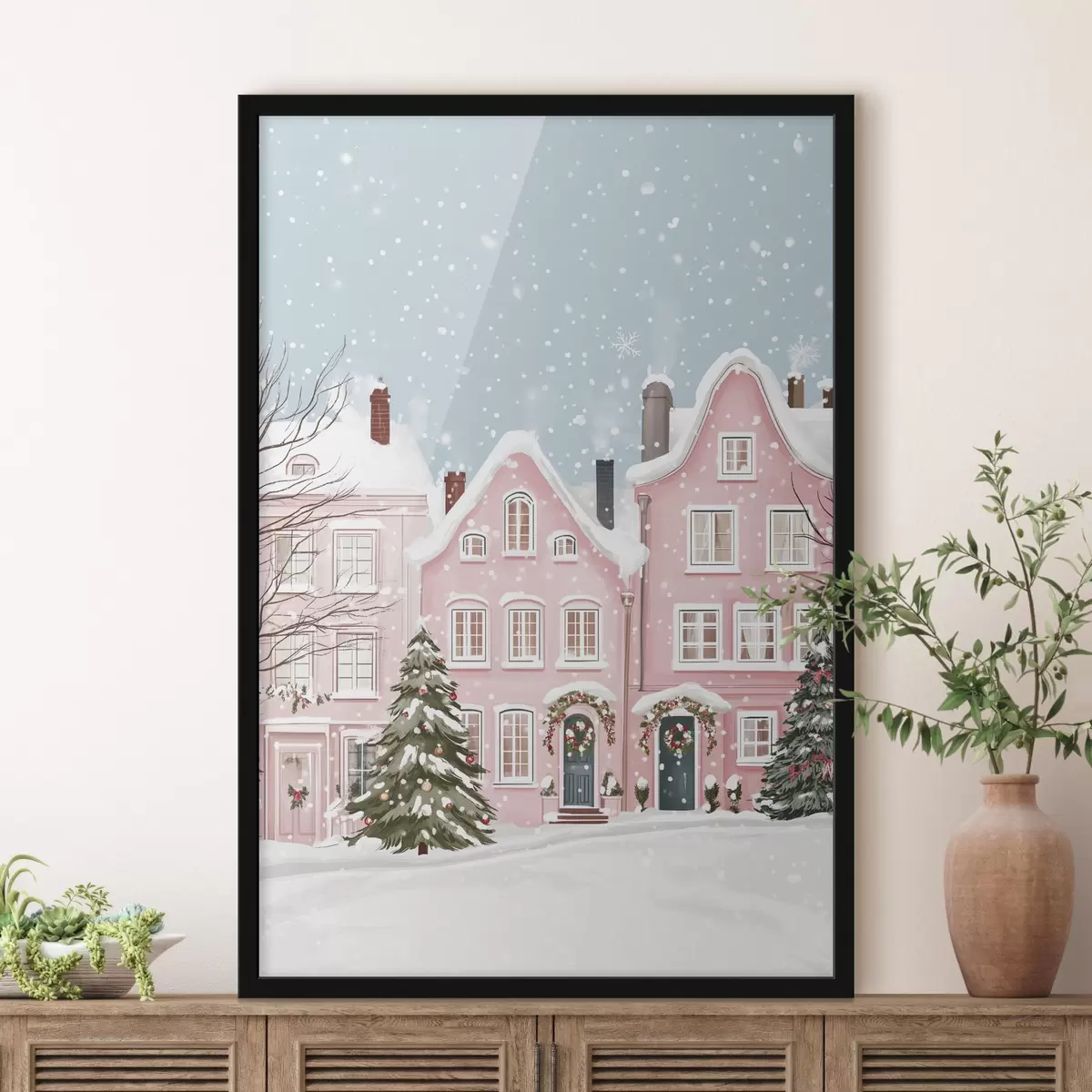 Poster Schöne Stadt mit niedlichen rosa Häusern, Winterästhetik, Schneeflocken f42793