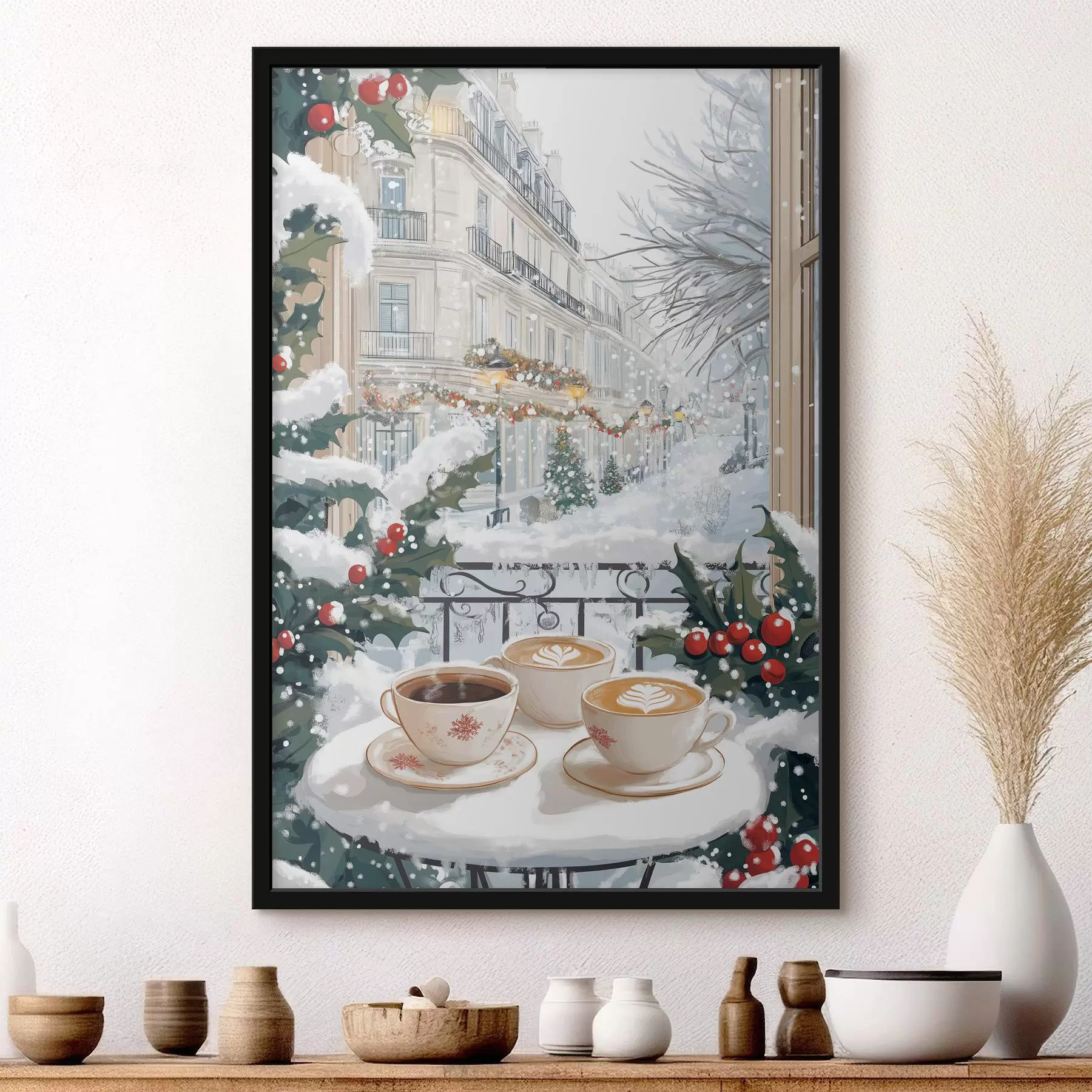 Fototapete Winterästhetik, Tassen Kaffee, Restaurant, Stadtstraße f42794