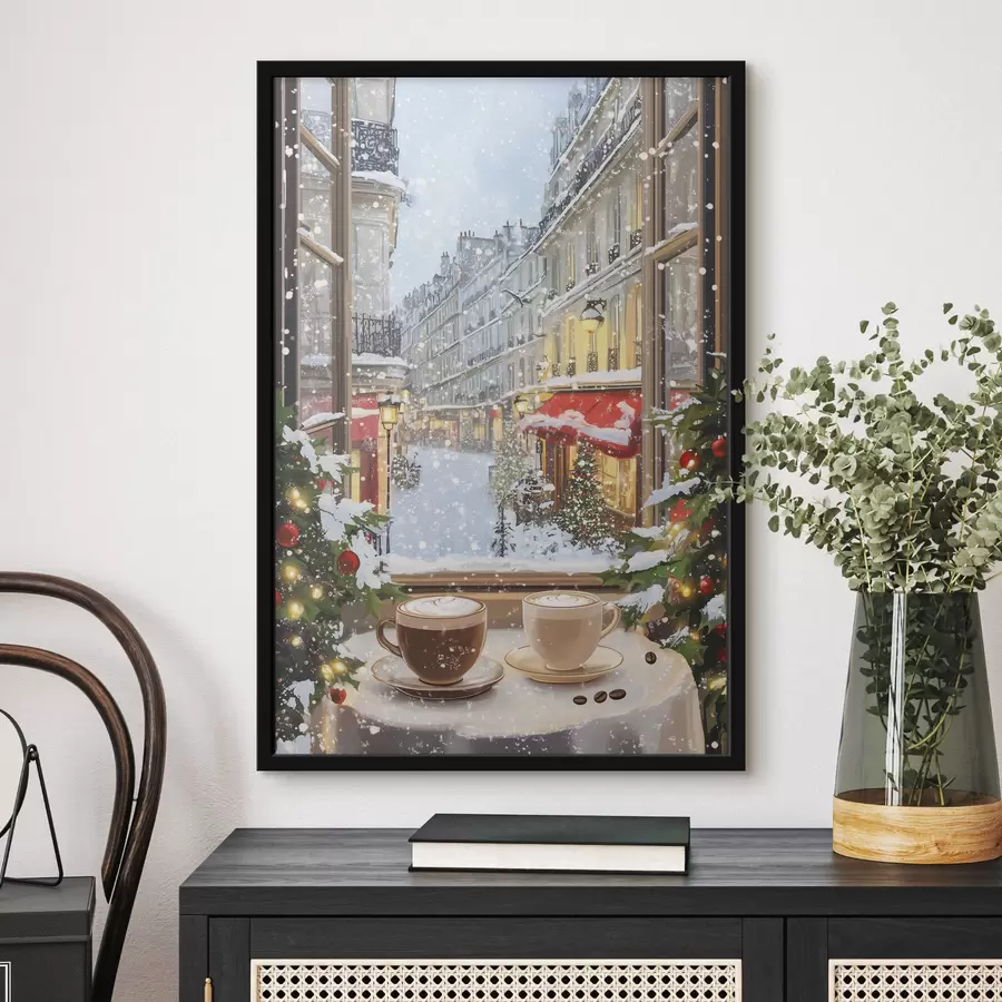 Fototapete Gemütliches Wintercafé, Tassen Kaffee, Acryl-Stil, alte Stadtarchitektur f42795