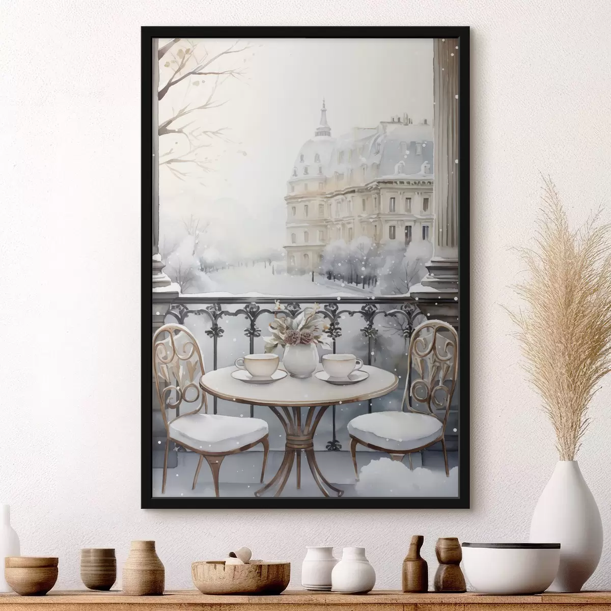 Poster Schönes Café, Tassen Tee, böhmischer Stil, Aquarell, Winterästhetik f42796