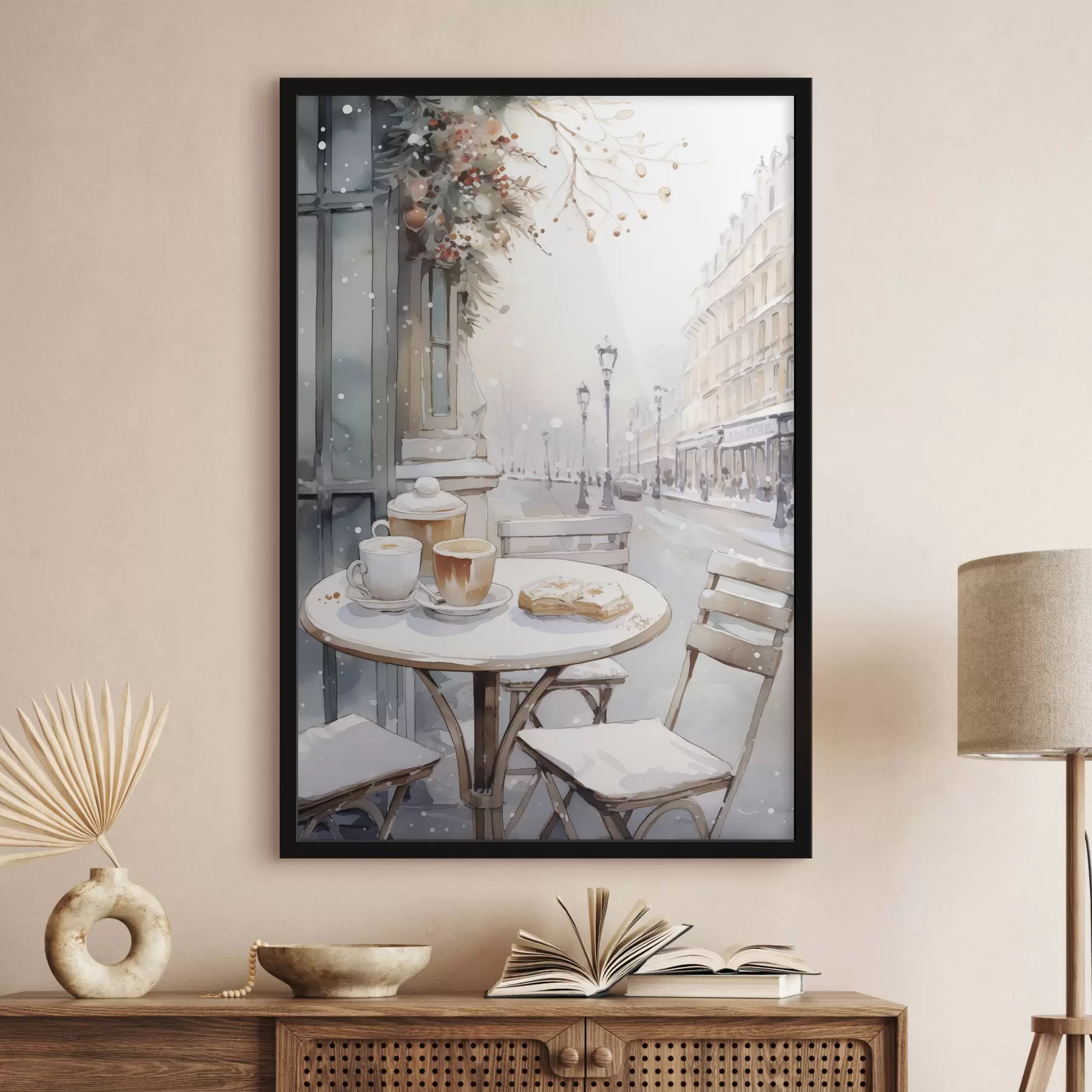 Fototapete Ästhetisches Straßencafé, Frankreich, frische Bäckerei, Zeichnung im Aquarellstil f42798