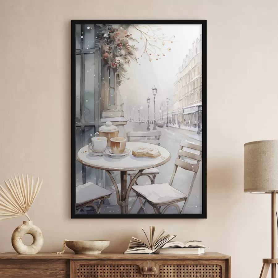 Fototapete Ästhetisches Straßencafé, Frankreich, frische Bäckerei, Zeichnung im Aquarellstil f42798