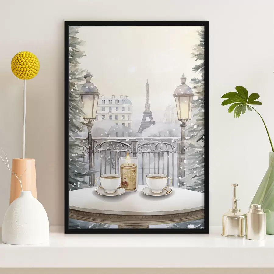 Fototapete Schönes Café in Paris, Teetassen, romantische Aussicht, Winter, Aquarellstil f42799