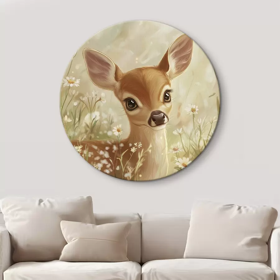 Wandbilder Niedliches Reh auf der Wiese mit Gänseblümchen, Zeichnung in Öl r42780