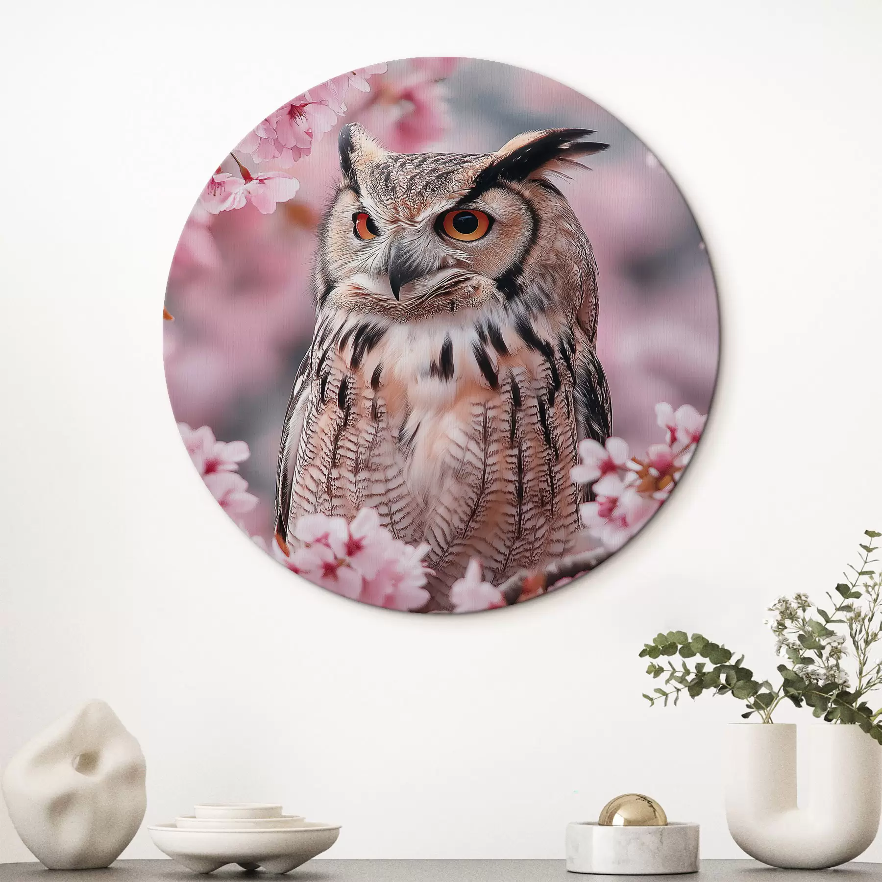 Fototapete Schöne Eule auf dem Zweig eines Kirschbaums, Natur, Realismus r42784