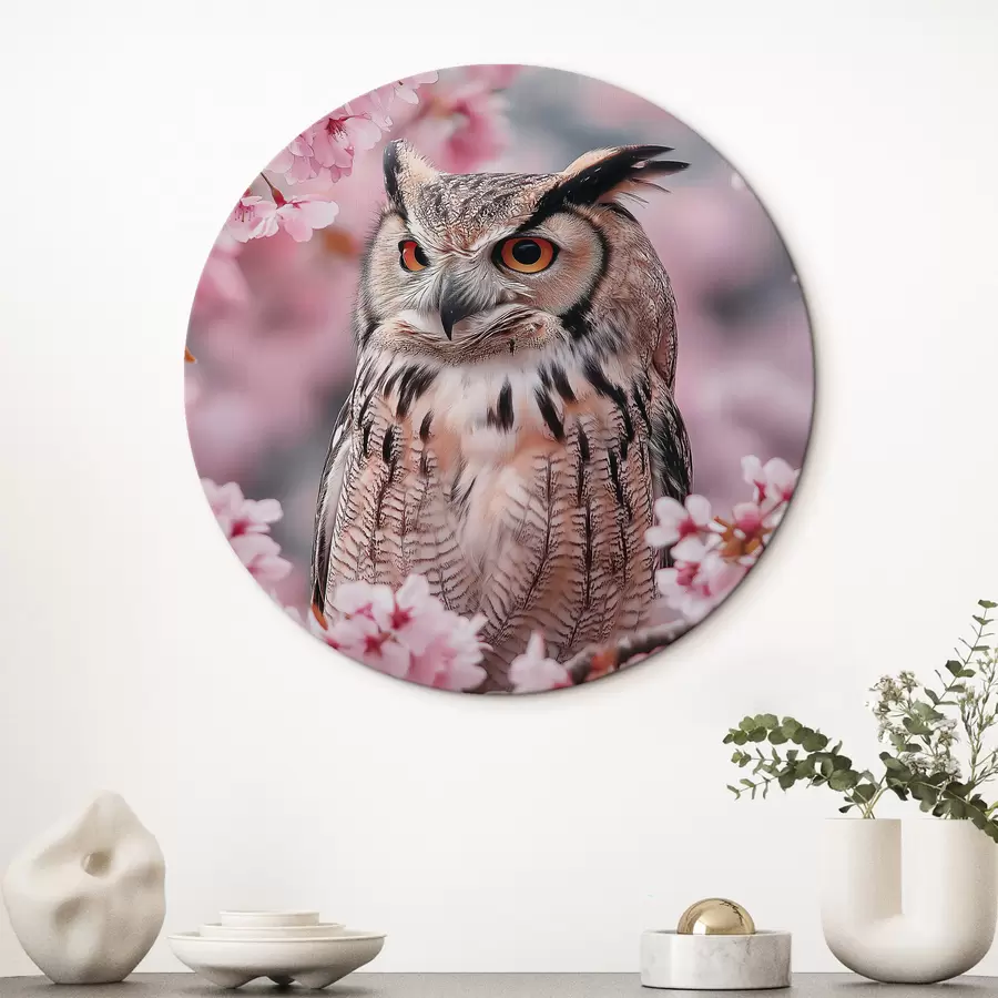 Wandbilder Schöne Eule auf dem Zweig eines Kirschbaums, Natur, Realismus r42784