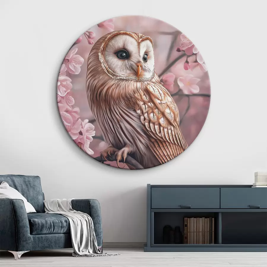 Wandbilder Eule auf dem Kirschbaum, rosa Blumen, Realismus, Natur r42785