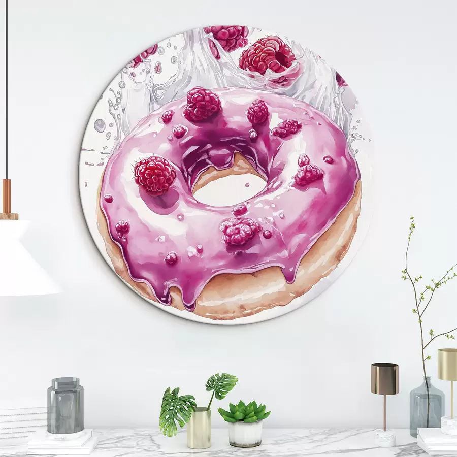 Wandbilder Donut mit Himbeeren mit rosa Glasur, leckeres Dessert, Aquarell-Stil r42789