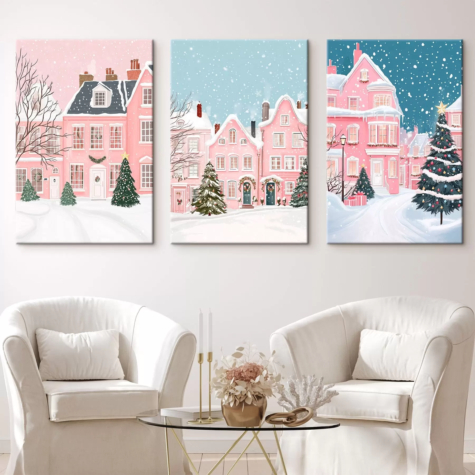 Wandbilder Schöne Winterstadt mit rosa Häusern, Kiefern, Schneeflocken m00410