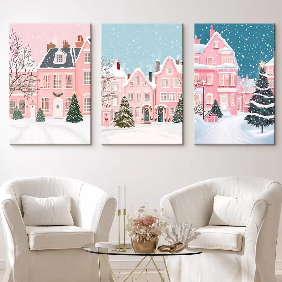 Wandbilder Schöne Winterstadt mit rosa Häusern, Kiefern, Schneeflocken m00410