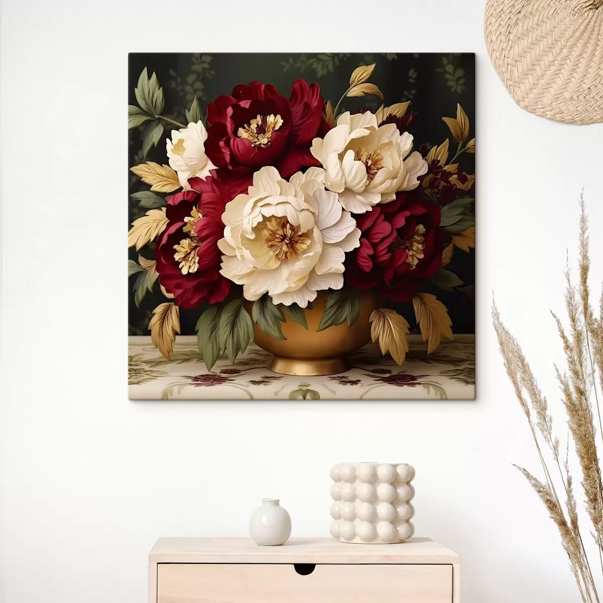Wandbilder Rote und weiße Pfingstrosen in einer Vase s42820