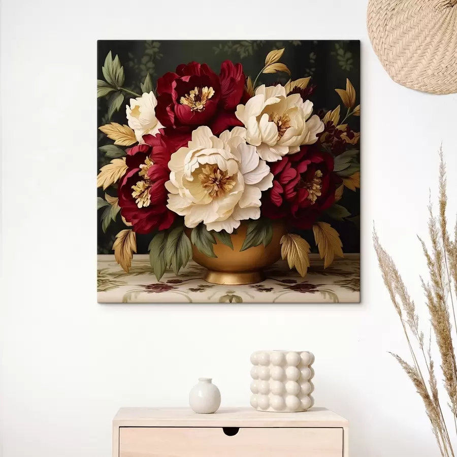 Wandbilder Rote und weiße Pfingstrosen in einer Vase s42820
