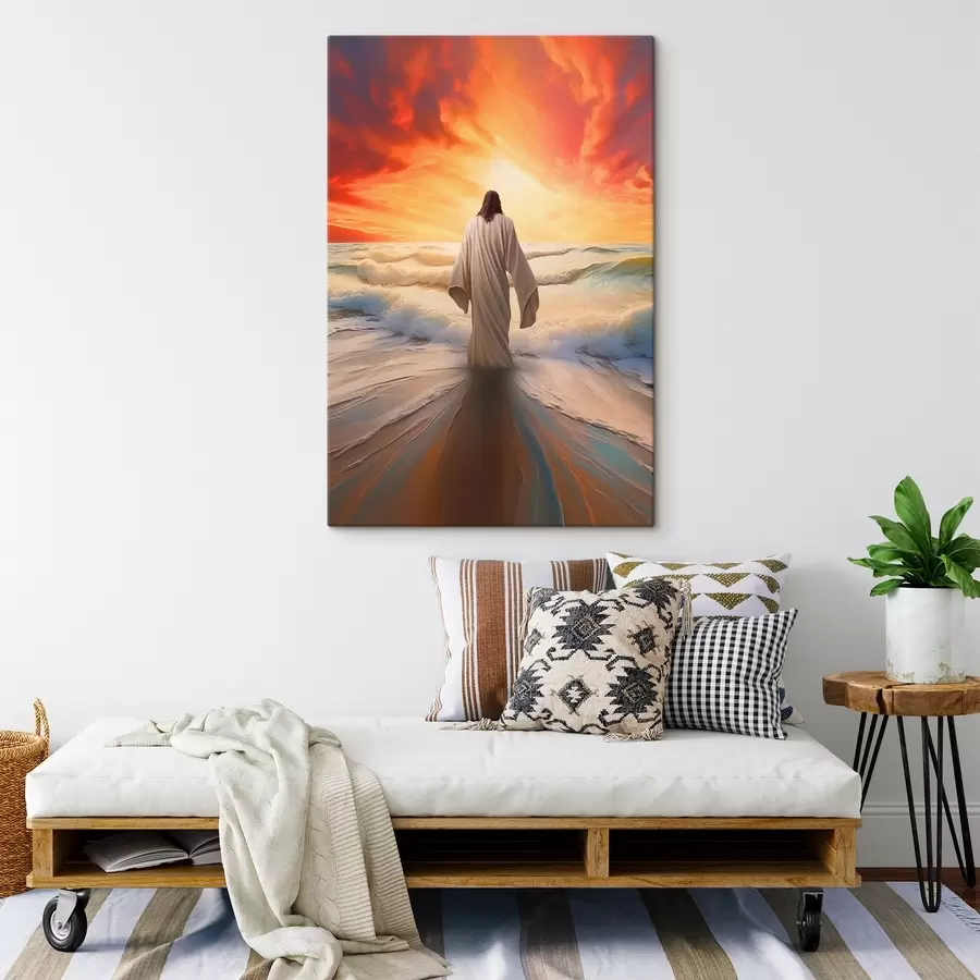 Wandbilder Mann am Wasser auf dem Hintergrund des Sonnenuntergangs s42824