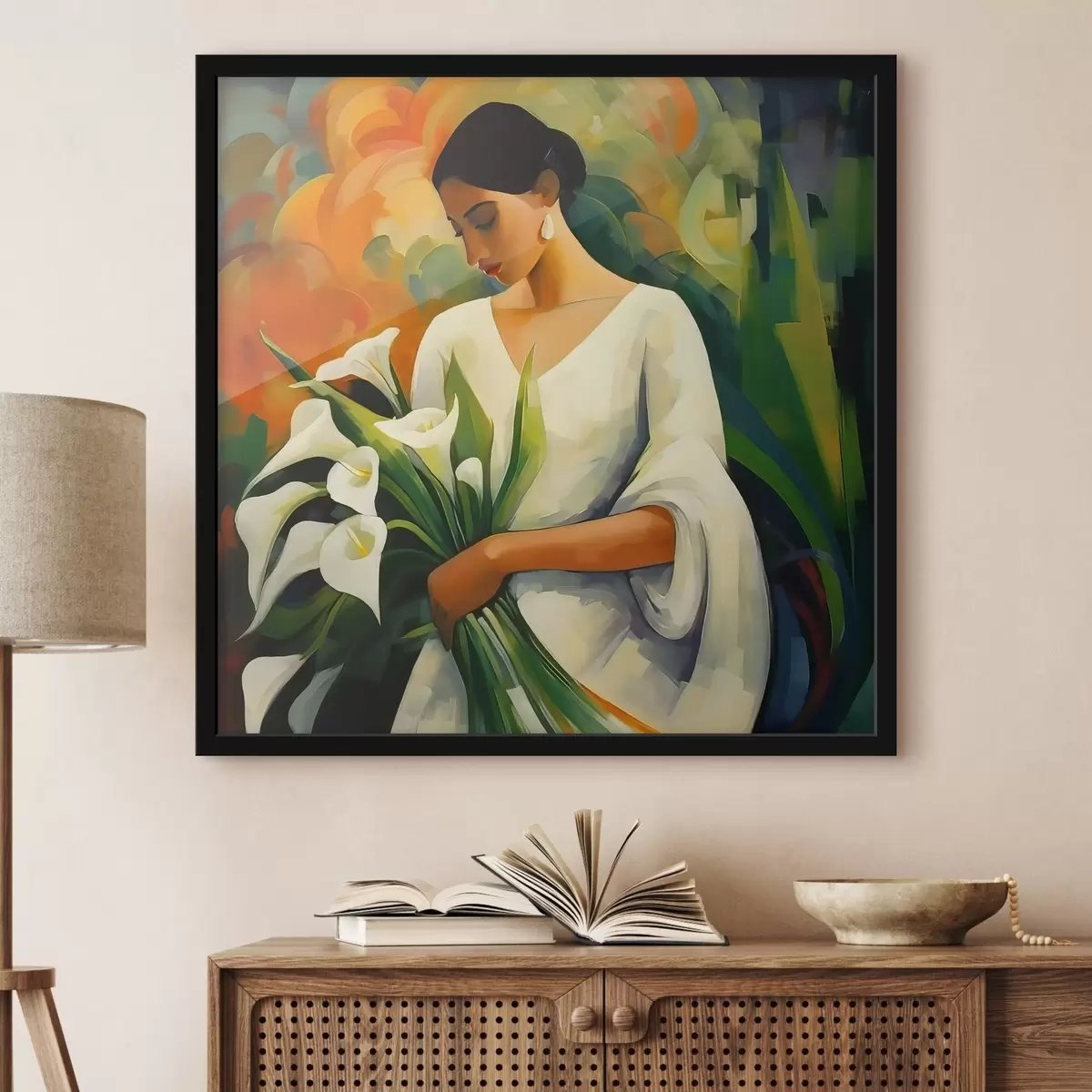 Poster Frau mit einem Blumenstrauß aus Calla-Lilien f42818