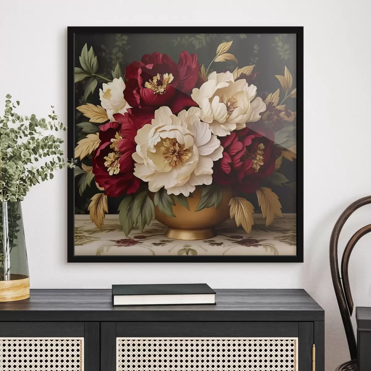 Poster Rote und weiße Pfingstrosen in einer Vase f42820