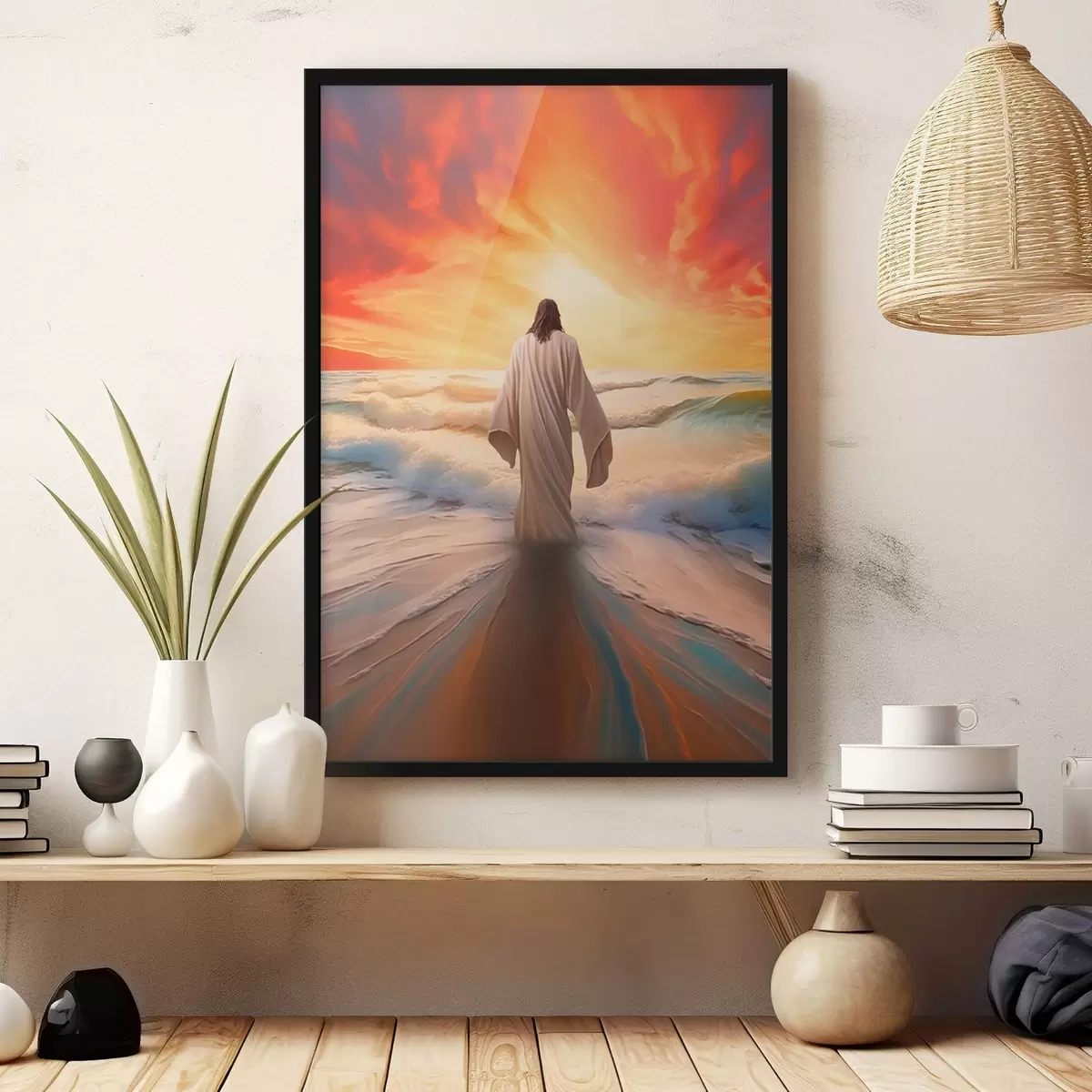 Poster Mann am Wasser auf dem Hintergrund des Sonnenuntergangs f42824