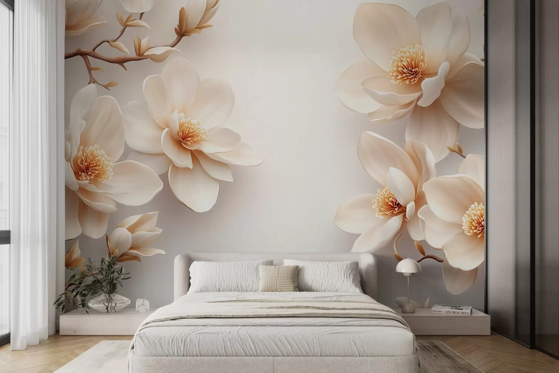 Fototapete Schöne blühende cremefarbene Magnolienblüten auf einem weißen Hintergrund w08704