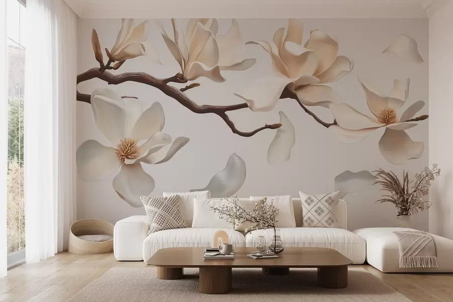 Fototapete Ein Baumzweig mit zarten Magnolienblüten und fallenden Blütenblättern w08706