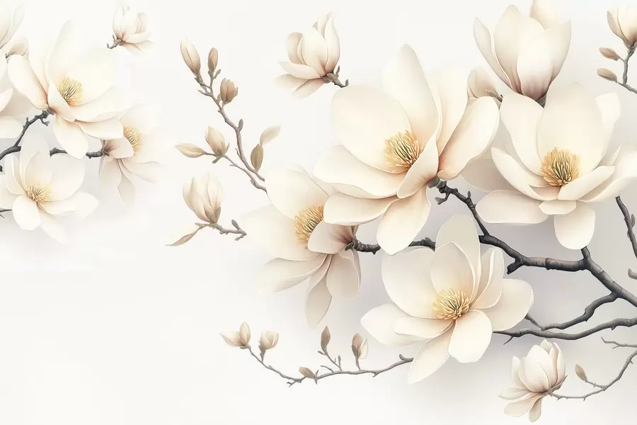 Fototapete Schöne blühende cremefarbene Magnolienblüten auf einem weißen Hintergrund w08721