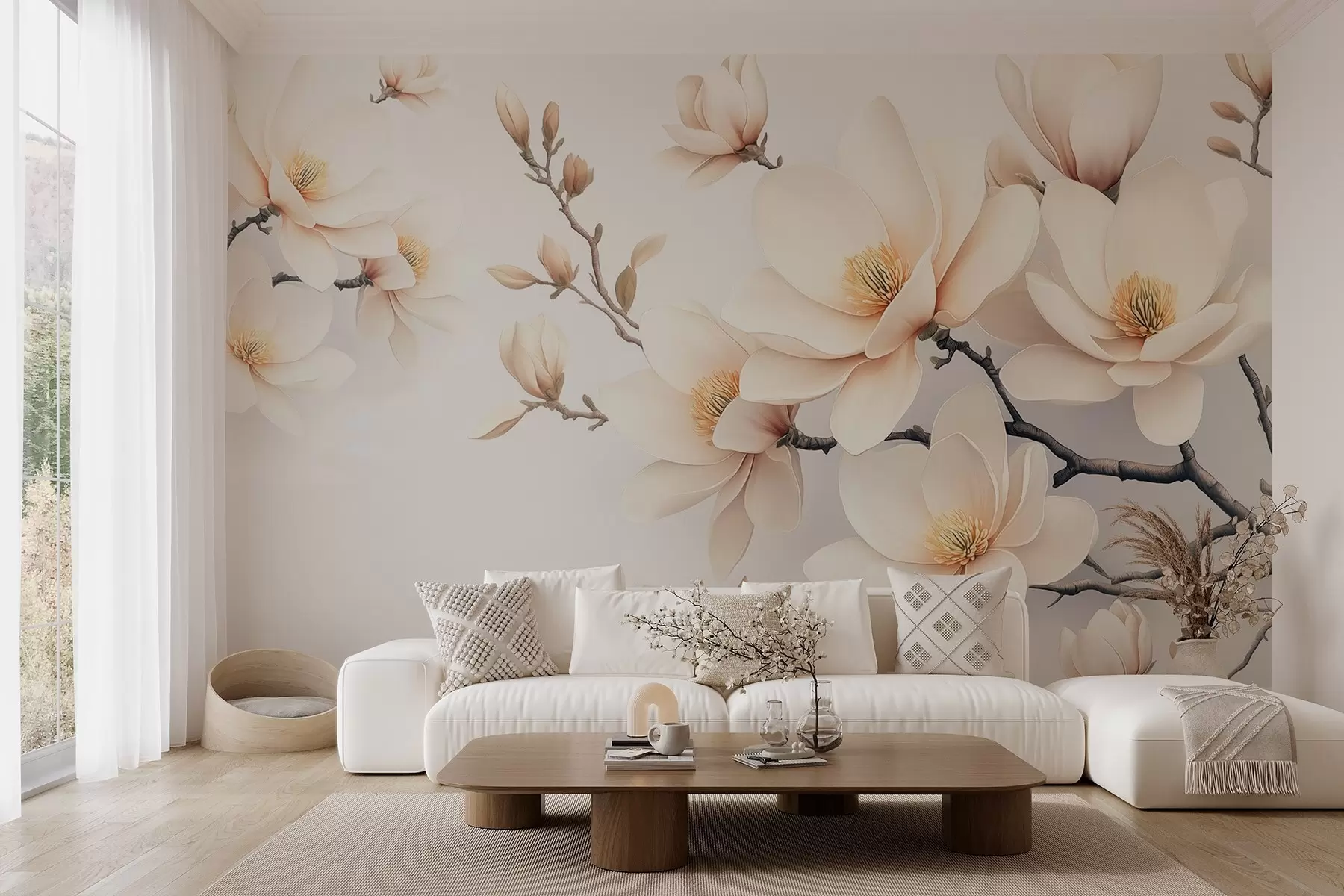 Fototapete Schöne blühende cremefarbene Magnolienblüten auf einem weißen Hintergrund w08721