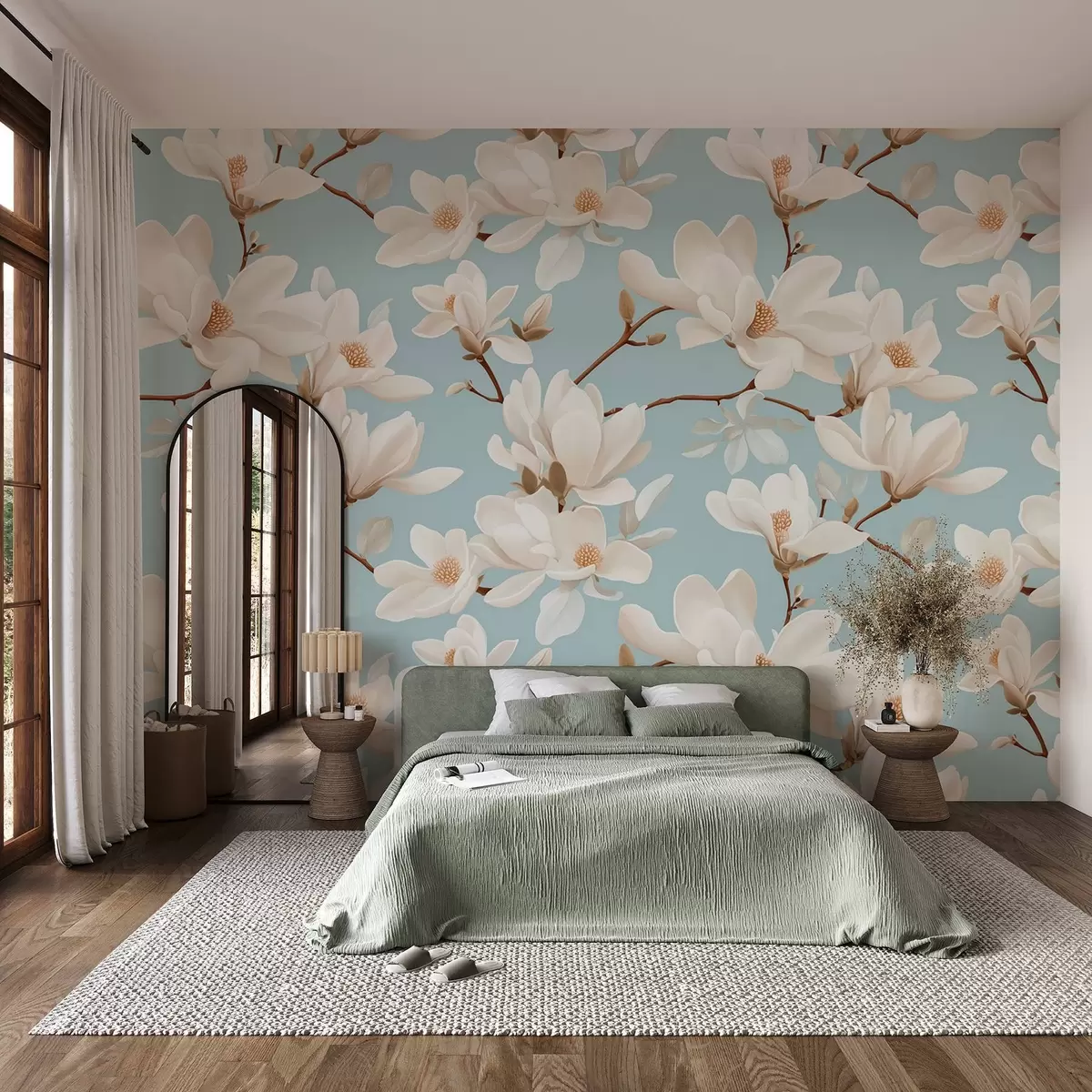 Fototapete Muster aus weißen Magnolienblüten, pastellblauer Hintergrund, weiße Blätter und Zweige w08726