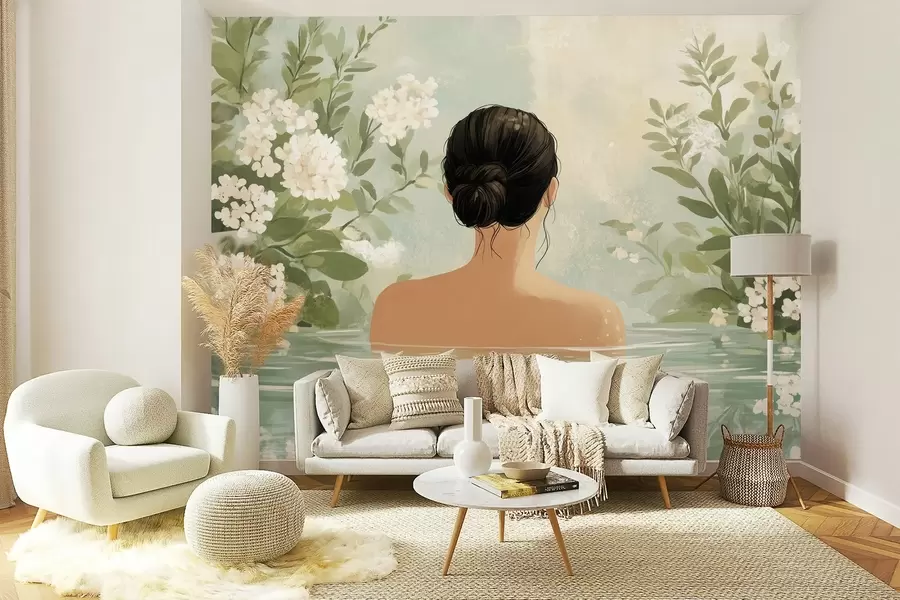 Fototapete eine heitere und verträumte botanische Illustration einer Frau, die in einem ruhigen, spiegelnden Gewässer badet, umgeben von üppigem Grün und zarten weißen Blumen. w03014