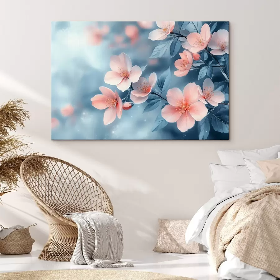 Wandbilder Rosa Blumen auf blauem Hintergrund s42846