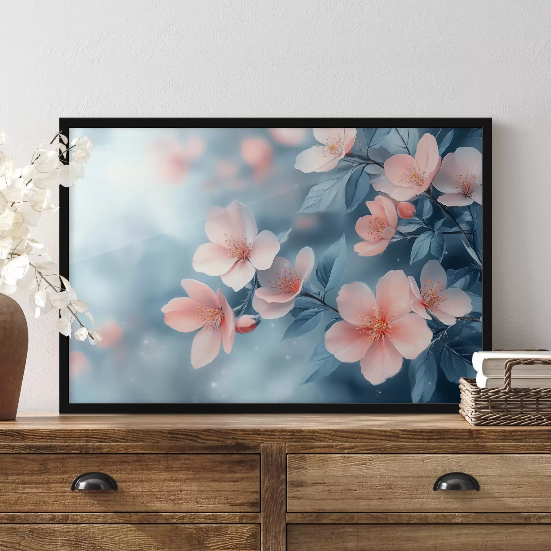 Fototapete Rosa Blumen auf blauem Hintergrund f42846