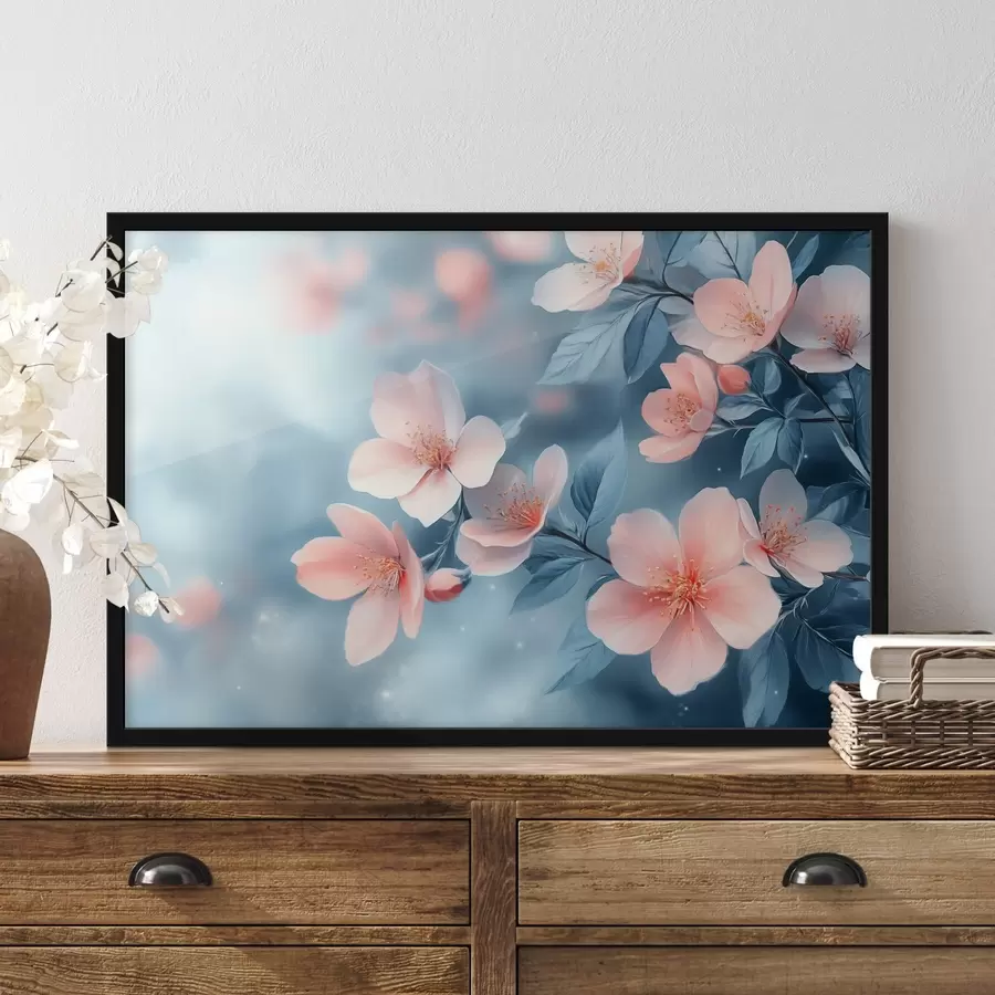 Fototapete Rosa Blumen auf blauem Hintergrund f42846