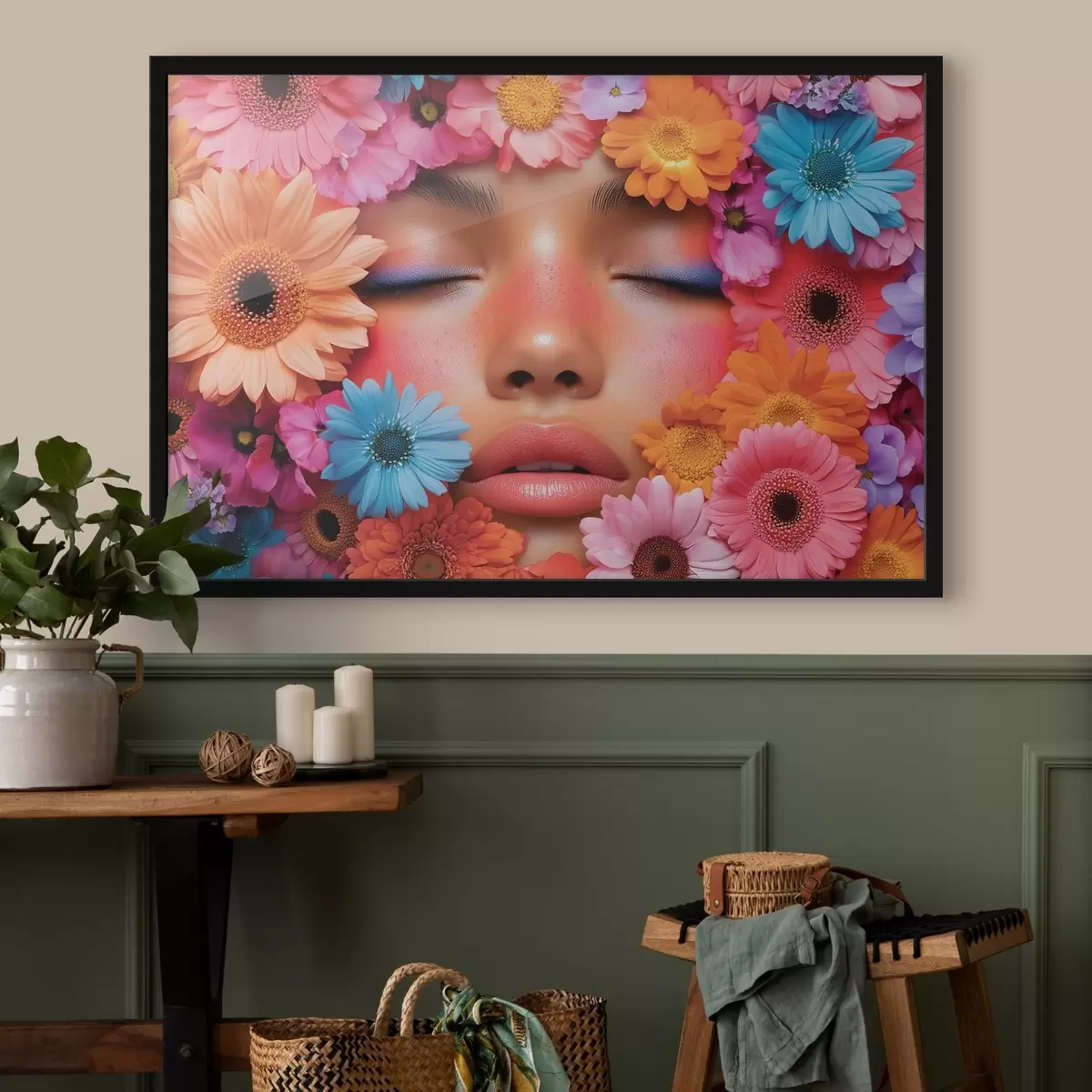 Poster Gesicht eines Mädchens in Blumen f42856