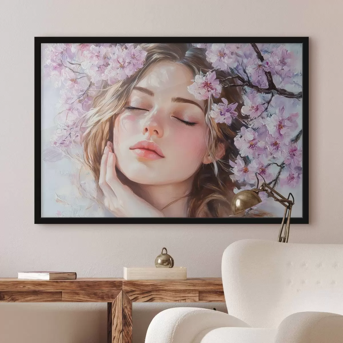 Poster Mädchen in der Nähe eines blühenden Zweigs f42857