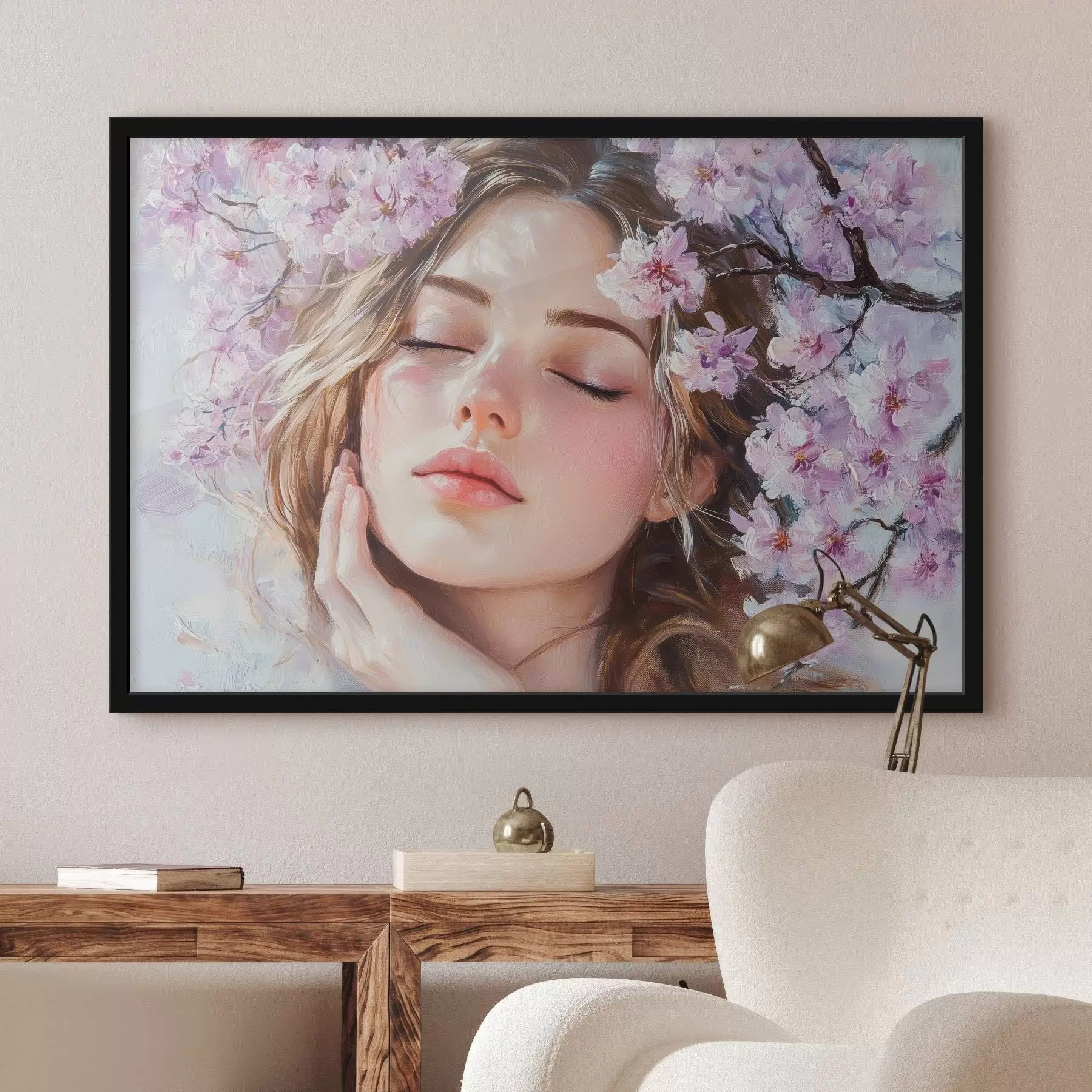 Wandbilder Mädchen in der Nähe eines blühenden Zweigs f42857