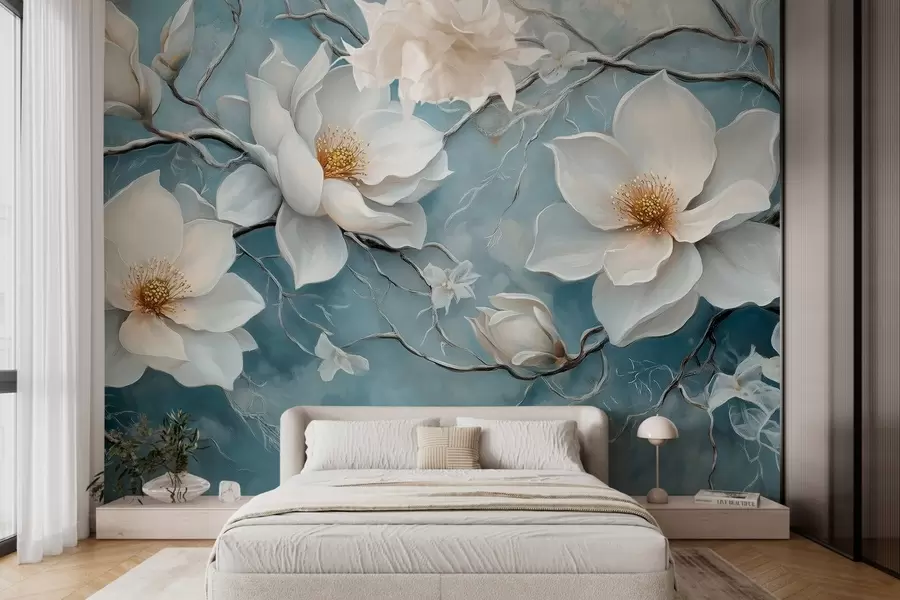 Fototapete Frostige weiße Blumen auf blauem Hintergrund im Stil der Ölmalerei w03018