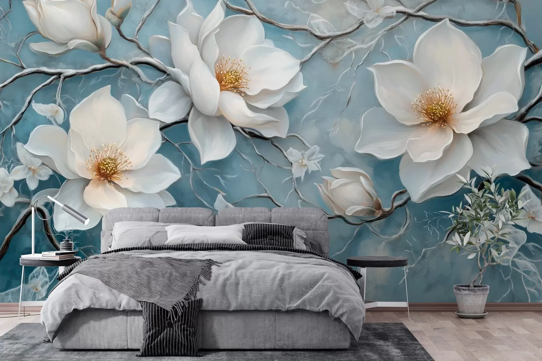 Fototapete Frostige weiße Blumen auf blauem Hintergrund im Stil der Ölmalerei w03018
