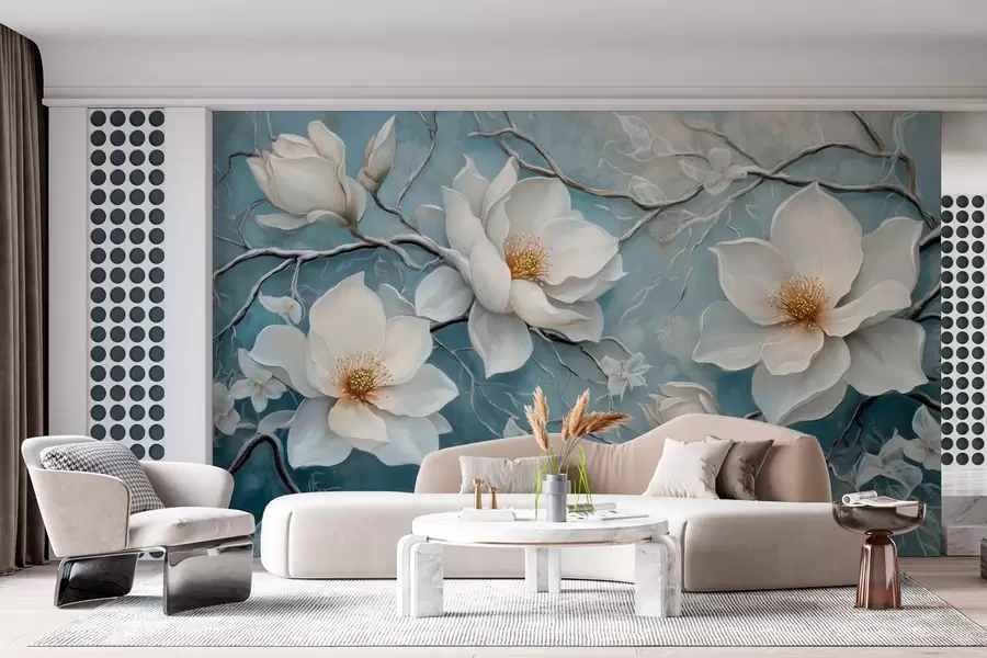 Fototapete Frostige weiße Blumen auf blauem Hintergrund im Stil der Ölmalerei w03018