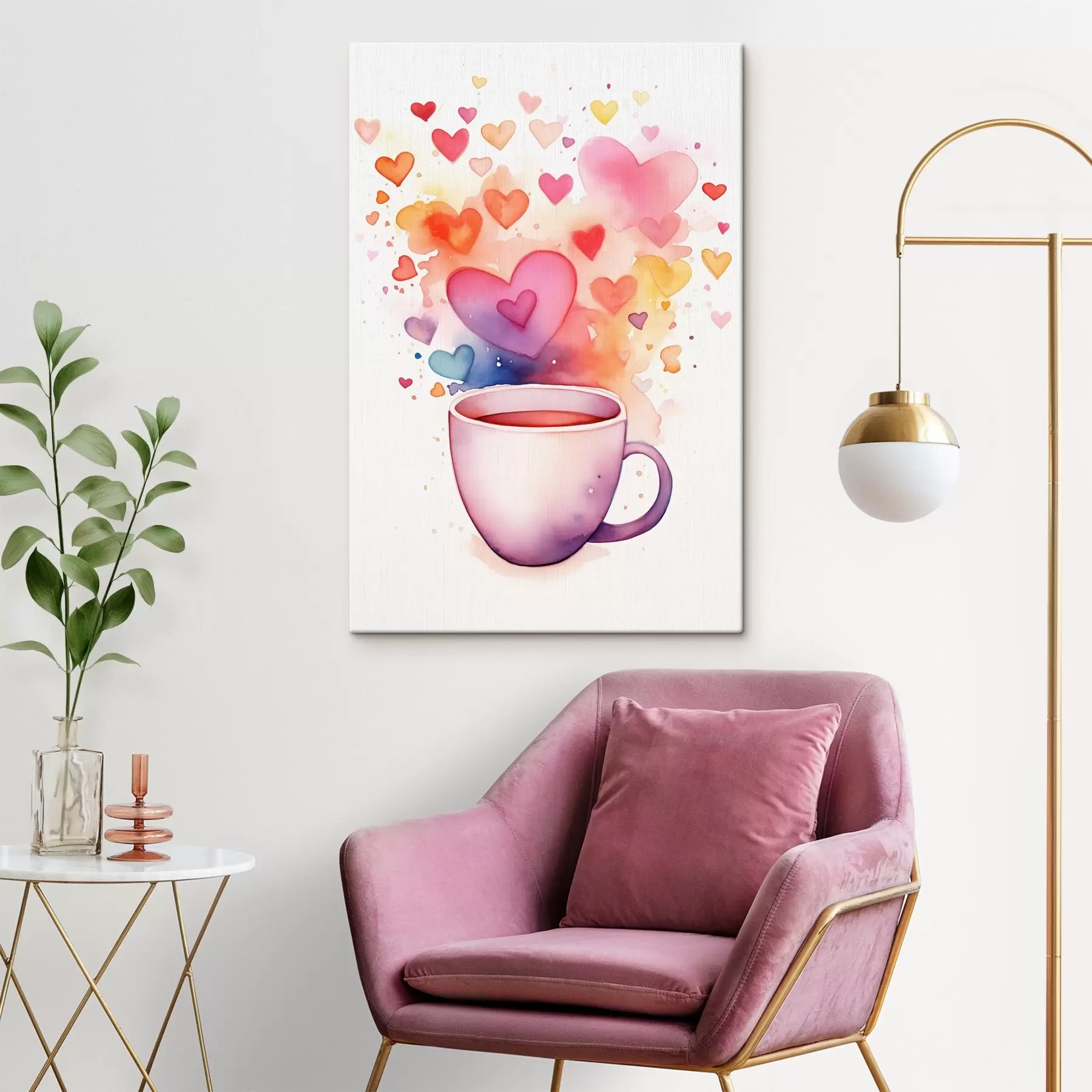 Wandbilder Eine Tasse auf einem Hintergrund aus Aquarellherzen s42869