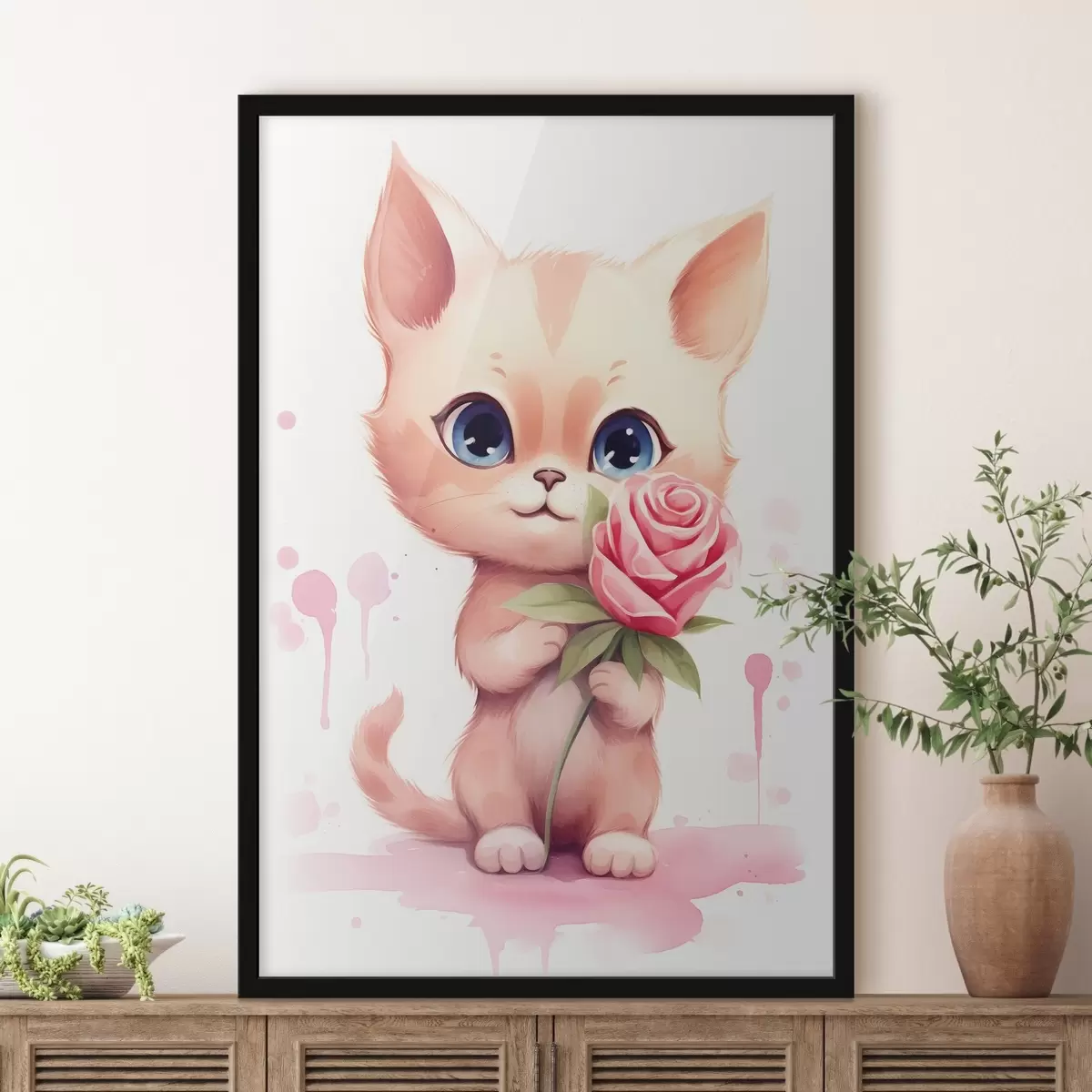 Poster Niedliche Katze mit einer Rose f42866