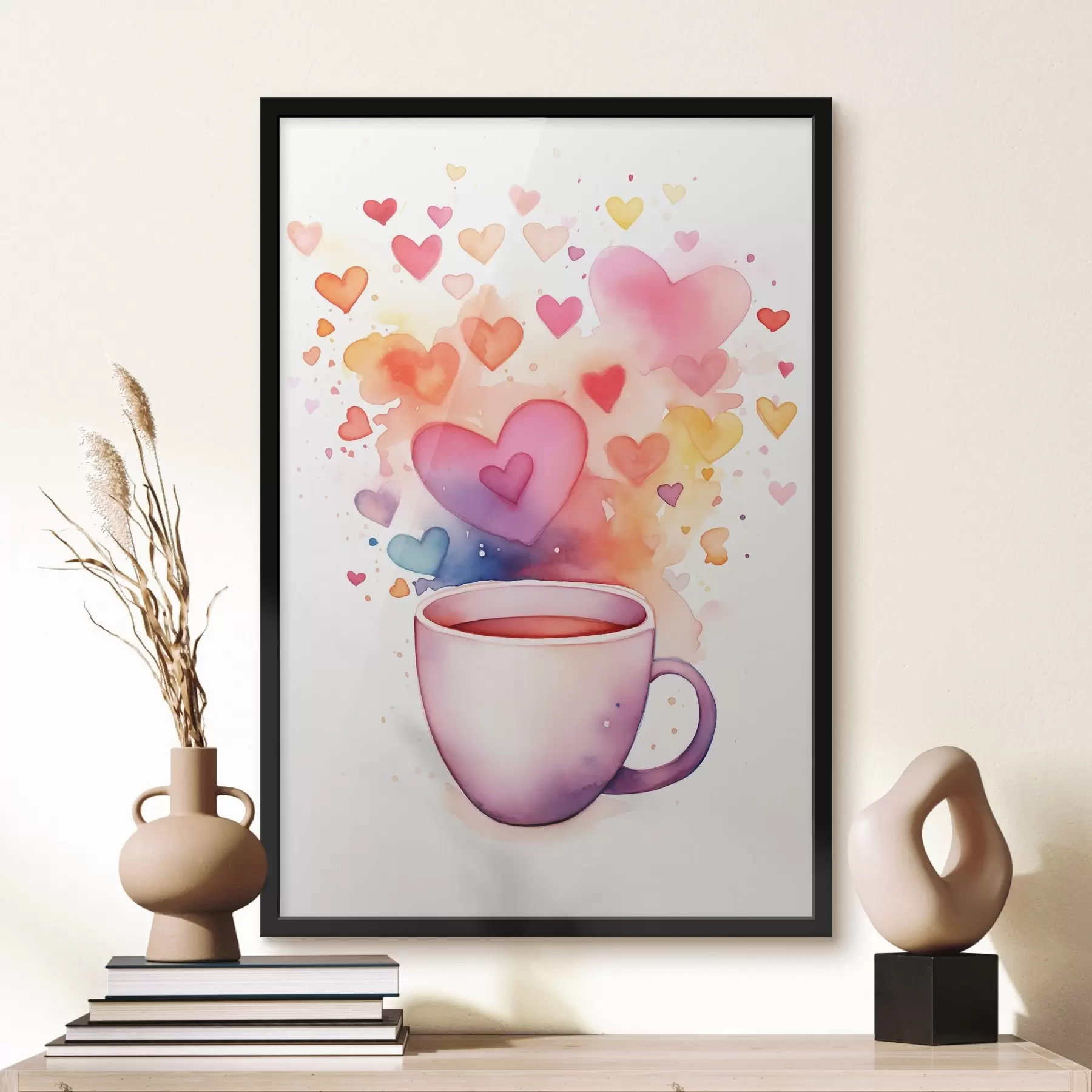 Fototapete Eine Tasse auf einem Hintergrund aus Aquarellherzen f42869