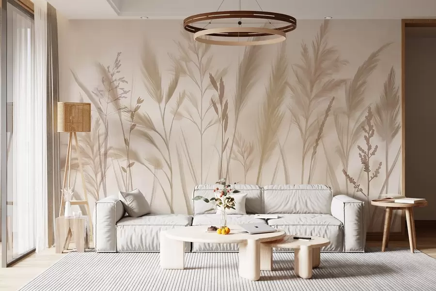 Fototapete Hohe, zarte Gräser, Ährchen und Pflanzen in sanften Beige- und Cremetönen vor einem leicht verschwommenen Hintergrund w08736