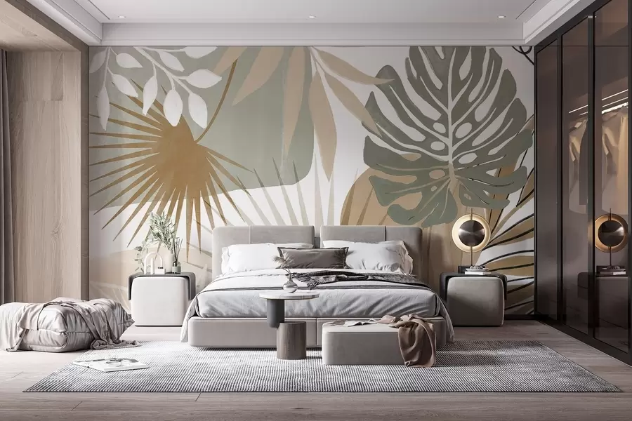 Fototapete Abstraktes Design mit verschiedenen tropischen Blättern und in erdigen Grün-, Beige- und Cremetönen w08738v1